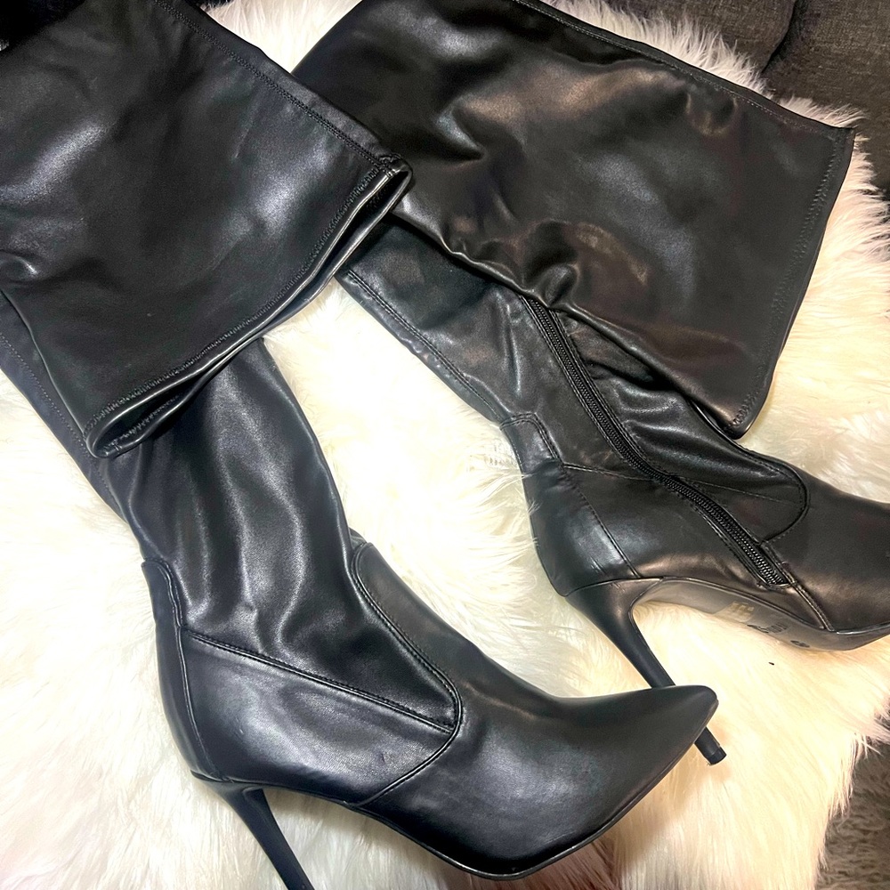 Black Faux Leather Thigh High Stiletto Boots